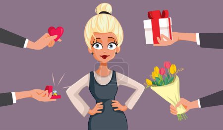 Illustration for Blonde Sexy Woman Attracts Many Admirers with Gifts Vector Cartoon - Royalty Free Image