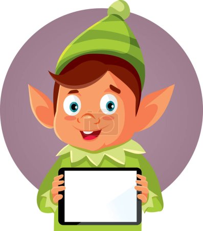 Illustration for Funny Christmas Elf Character Holding a Pc Tablet Vector Character - Royalty Free Image