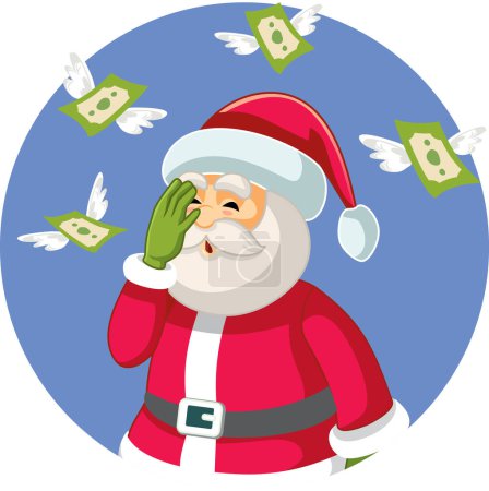 Illustration for Unhappy Santa Losing Money During Inflation on Christmastime Vector Cartoon - Royalty Free Image