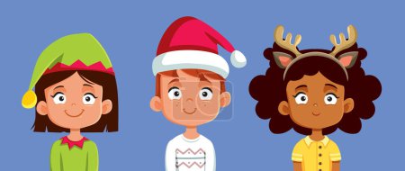 Téléchargez les illustrations : Petits enfants portant des chapeaux de fête célébrant Noël vectoriel bande dessinée - en licence libre de droit