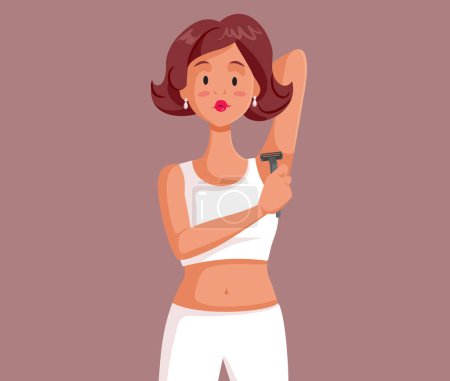 Illustration for Young Woman Using a Razor for Armpit Hair Removal Vector Illustration. Girl using a depilation method for shaving her armpit hair at home - Royalty Free Image