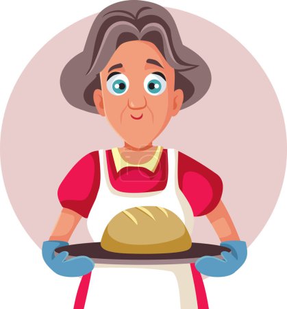 Illustration for Baker Granny holding a Homemade Bread Vector Cartoon Character. Happy home chef having baking skills making staple foods - Royalty Free Image