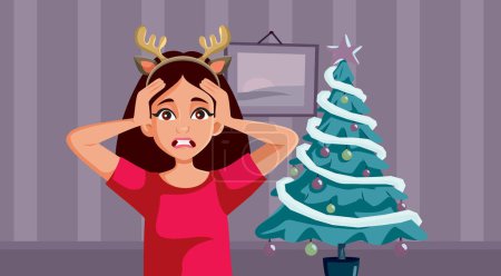 Mujer asustada teniendo ataque de ansiedad antes de Navidad Vector Illustration. Chica infeliz se siente desesperado tratando de organizar fiesta de Navidad en casa 
