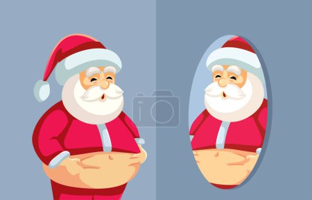 Illustration for Overweight Santa Claus Looking in the Mirror Vector Cartoon illustration. Unhappy Santa gaining weight after overeating at Xmas dinner party - Royalty Free Image