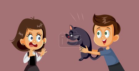 Boy Bothers his Sister with a Cat Vector Cartoon illustration