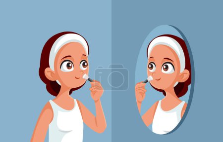 Téléchargez les illustrations : Adolescent fille application maquillage dans le miroir vectoriel dessin animé illustration - en licence libre de droit