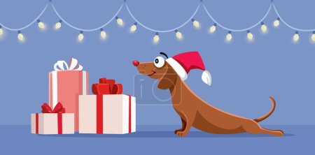 Happy Dog Finding a Pile of Christmas Gifts Vector Cartoon Design