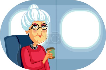 Femme âgée tenant tasse de café voyageant par avion Illustration vectorielle