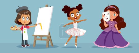 Téléchargez les illustrations : Les enfants peignent, dansent et jouent en montrant du talent Illustration vectorielle - en licence libre de droit
