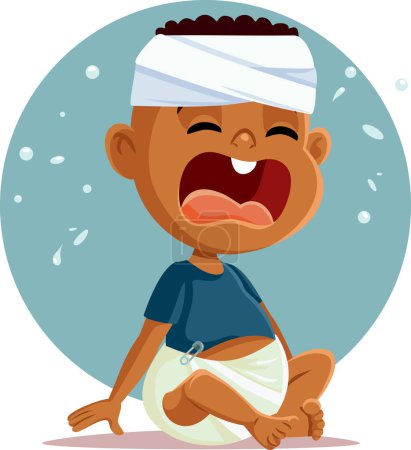 Téléchargez les illustrations : Bébé bouleversé souffrant d'une blessure à la tête pleurant personnage de bande dessinée vectorielle - en licence libre de droit