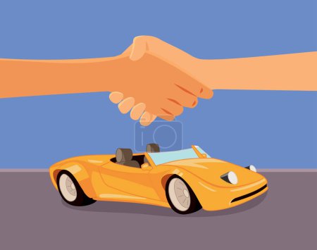 Téléchargez les illustrations : Concessionnaire de voitures Faire une vente Serrer la main avec le client vectoriel dessin animé - en licence libre de droit