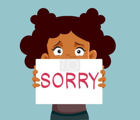Illustration for Little Girl Feeling Sorry Holding a Placard Message Vector Cartoon - Royalty Free Image