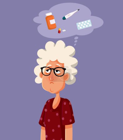 Téléchargez les illustrations : Femme âgée malade Penser quel traitement prendre Illustration vectorielle - en licence libre de droit