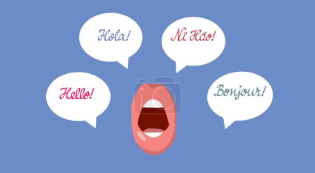 Illustration for Polyglot Mouth Saying Hello in Many Languages Vector Illustration - Royalty Free Image