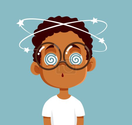 Ilustración de Niño mareado que sufre síntomas de vértigo mientras tiene un carácter vectorial nauseabundo - Imagen libre de derechos