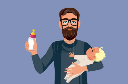 Téléchargez les illustrations : Happy Father tenant son bébé et sa préparation pour nourrissons Illustration vectorielle - en licence libre de droit
