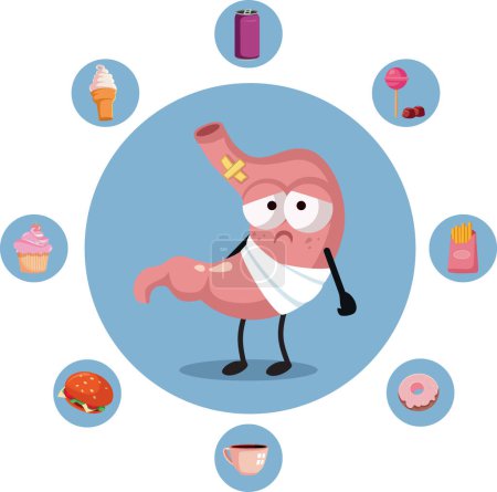 Ilustración de Estómago enfermo rodeado de comida rápida Artículos Vector Ilustración - Imagen libre de derechos
