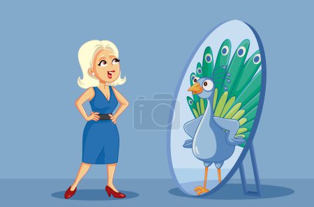 Illustration for Narcissistic Vain Woman looking like a Peacock Funny Vector Cartoon - Royalty Free Image