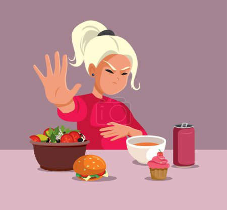 Illustration for Vector Girl Making Full Stomach Gesture Unable to Eat More - Royalty Free Image
