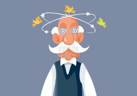 Illustration for Elderly Man Feeling Dizzy with Birds Around his Head Vector Cartoon - Royalty Free Image