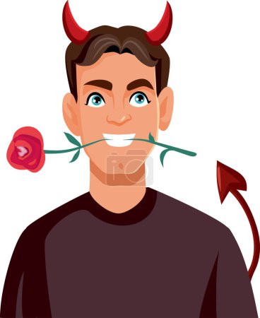 Illustration for Handsome Charming Devil Man with a Single Rose Vector Character - Royalty Free Image