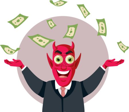 Diablo maligno arrojando dinero en el aire Vector Illustration