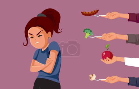 Ilustración de Picky comer adolescente chica negándose a comer vector ilustración - Imagen libre de derechos