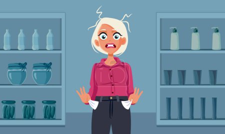 Illustration for Woman In a Supermarket with Empty Pockets Due to Inflation Vector Character - Royalty Free Image