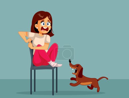 Mujer asustada teniendo miedo irracional de los perros Vector ilustración de dibujos animados