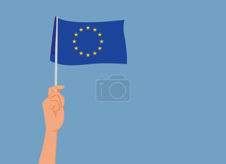 Téléchargez les illustrations : Main tenant un drapeau de l'Union européenne Illustration vectorielle Contexte - en licence libre de droit