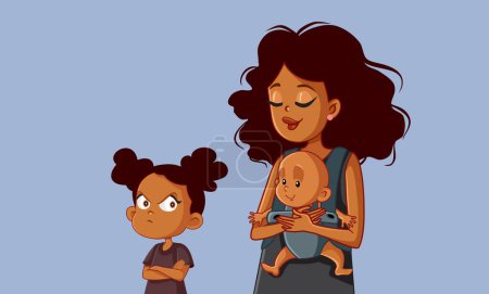 Jealous Girl Looking at her Baby Sister with Envy vector Concept Illustration
