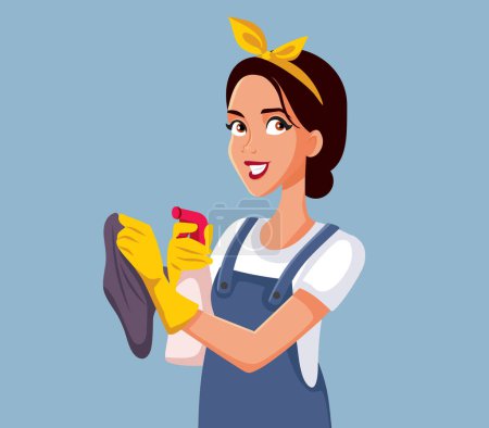 Happy Housekeeper Holding Detergent Spray and a Rag Vector Illustration