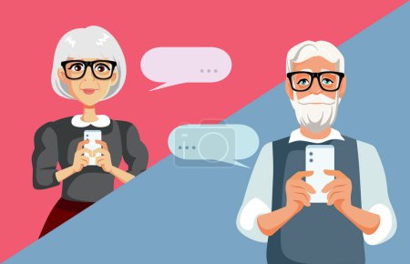Old Couple Exchanging SMS Text Messages Vector Cartoon illustration