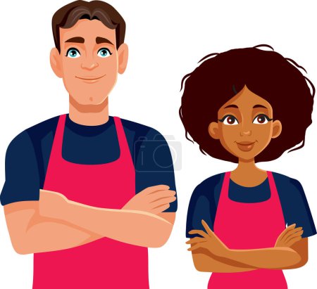 Couple d'employés d'un restaurant avec bras croisés Illustration vectorielle