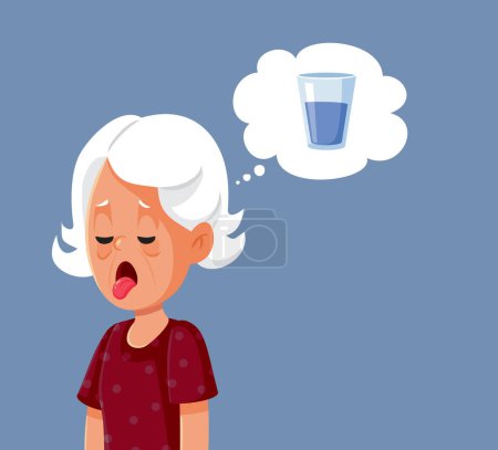 Thirsty Senior Woman Thinking of a Glass of Water Vector Illustration