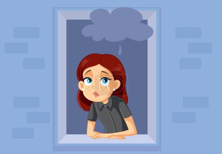 Ilustración de Triste mujer infeliz sentada junto a la ventana Vector Personaje Ilustración - Imagen libre de derechos