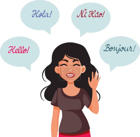 Waving Woman Saying Hello in Many Languages Vector Character