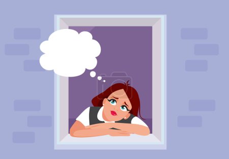 Sad Melancholic Woman Sitting by the Window Vector Character