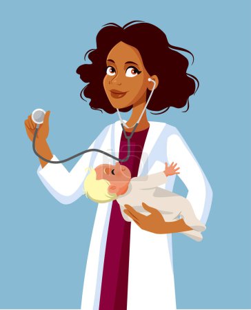 Ilustración de Médico pediatra consultando a un bebé recién nacido Vector de dibujos animados - Imagen libre de derechos
