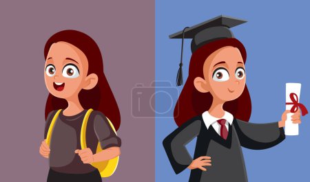 Female Student Before and After Graduation Vector Illustration