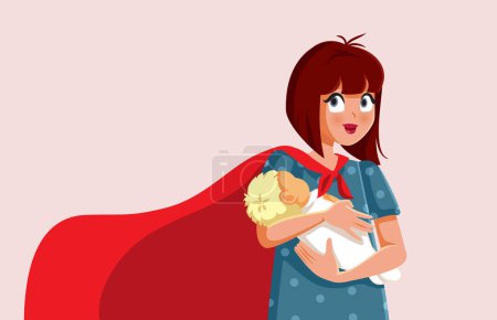 Illustration for Superhero Mother Holding Newborn Baby Infant Vector Character - Royalty Free Image