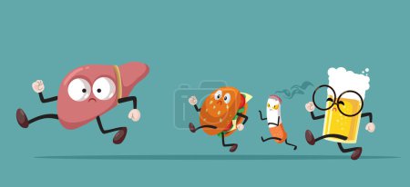 Illustration for Scarred Liver Being Chased by Bad Habits Vector Medical Cartoon - Royalty Free Image