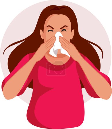 Mujer estornuda que sufre un ataque de resfriado o alergia Vector Ilustración