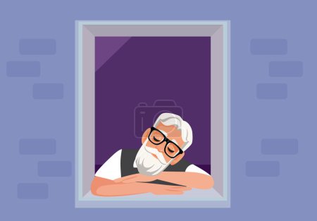 Abuelo mayor melancólico sentado junto a la ventana Vector Illustration