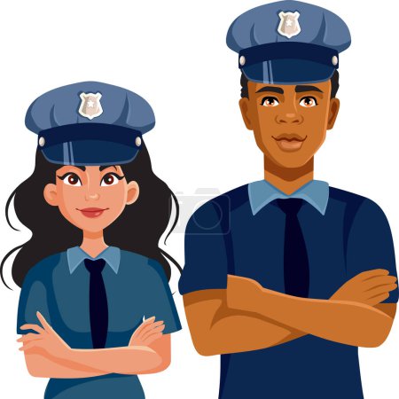 Pareja de oficiales de policía de pie con armas cruzadas vector de dibujos animados