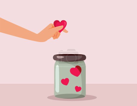 Hand Inserting a Heart into a Donation Jar Vector Cartoon Illustration