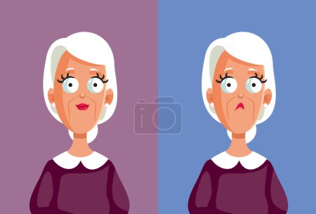 Senior mamie se sentant à la fois triste et heureux personnage de bande dessinée vectorielle