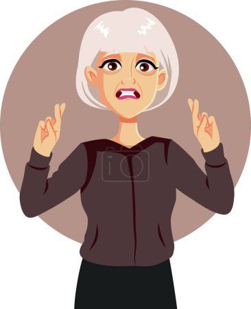 Illustration for Superstitious Senior Woman Holding Fingers Crossed Vector Character - Royalty Free Image