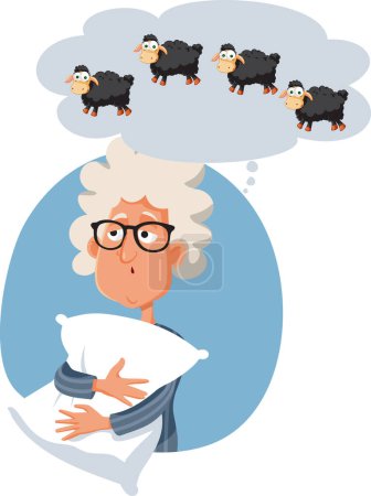 Insomniac Senior Lady Counting Sheep Vector Cartoon Illustration