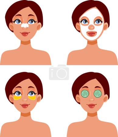 Mujer joven probando diferentes procedimientos cosméticos Vector Illustration